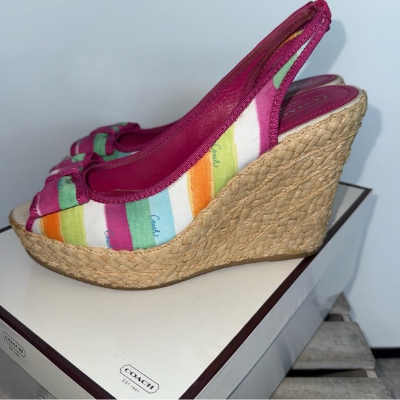 Coach Poppy Grace Watcol Multicolor Wedge Straw Collection Sandals 9 Medium - Picture 3 of 15